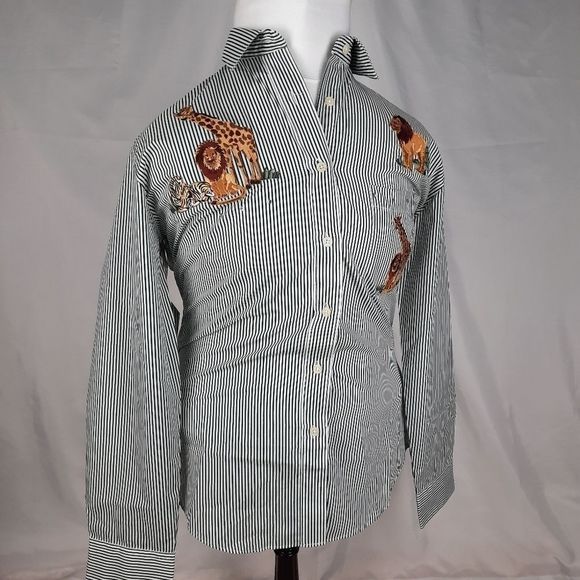 Las Olas shirt green white stripes applique giraffe lion zebra rhinestones zoo - Picture 7 of 14